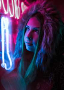 Green Matter Neon Reflections. Collaboration Neon Portrait photoshoot with Run N Gun Photography.