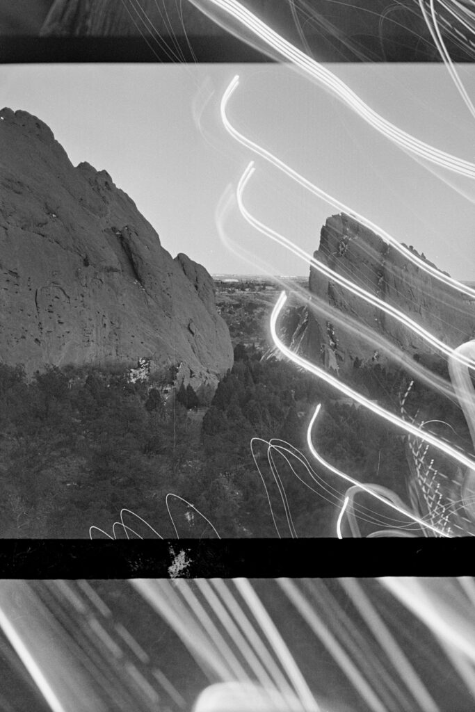 ilford XP2 black and white garden of the gods double exposure with light trails