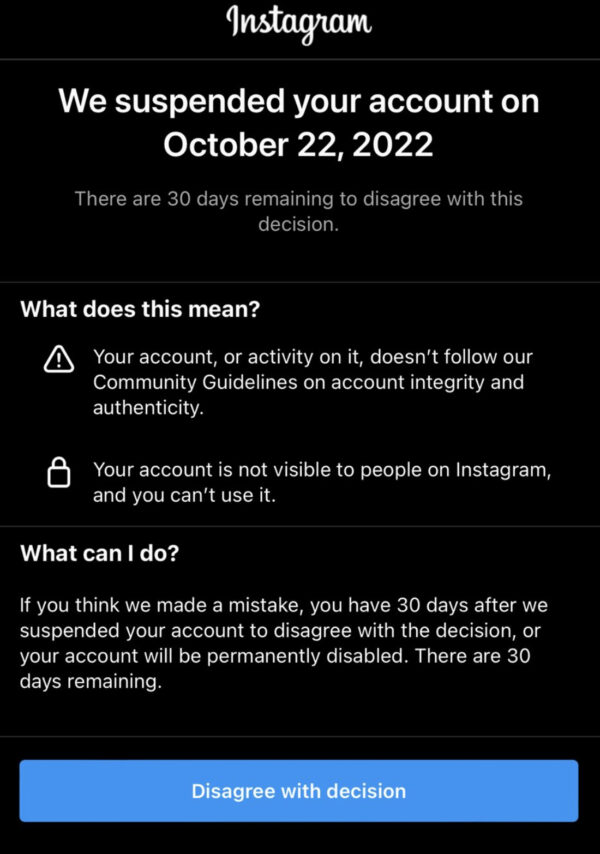 We Suspended Your Account, Instagram Error