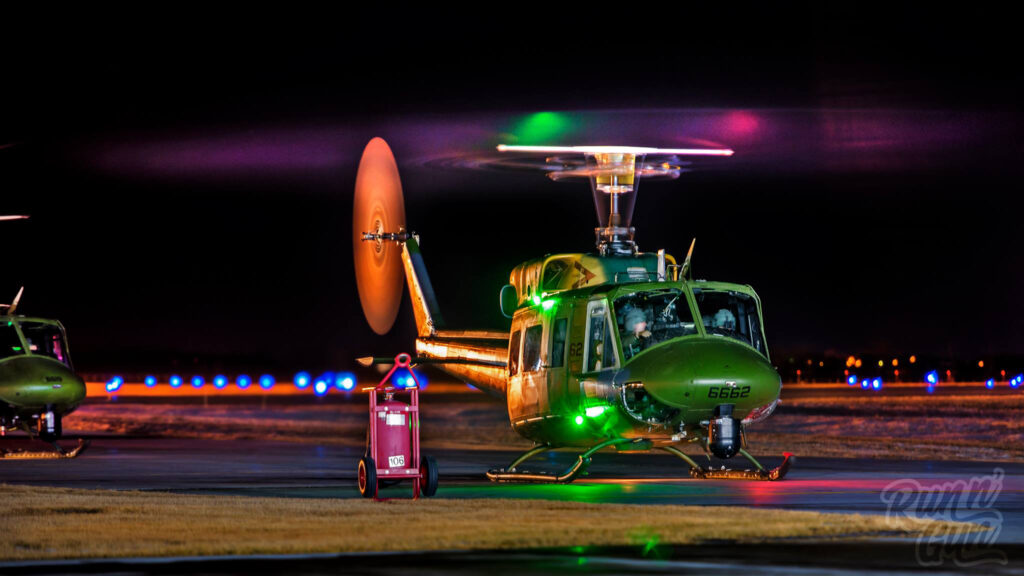 Slow Shutter Speed of military helicopter, uh-1n Huey