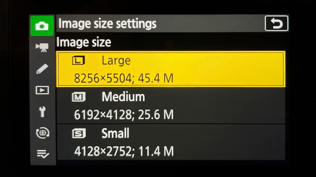 Nikon Z8 Image Size Menu