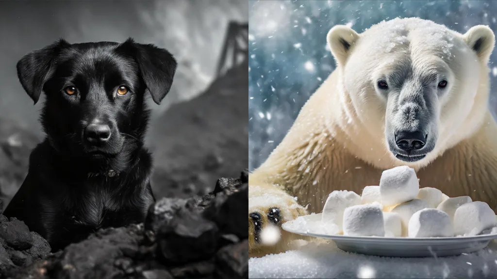 reading a Light meter example exposure of black dog and a white polar bear