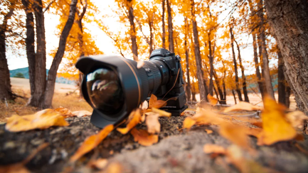 Nikon Z6 Camera sits on a rock in the mountains of Colorado during autumn