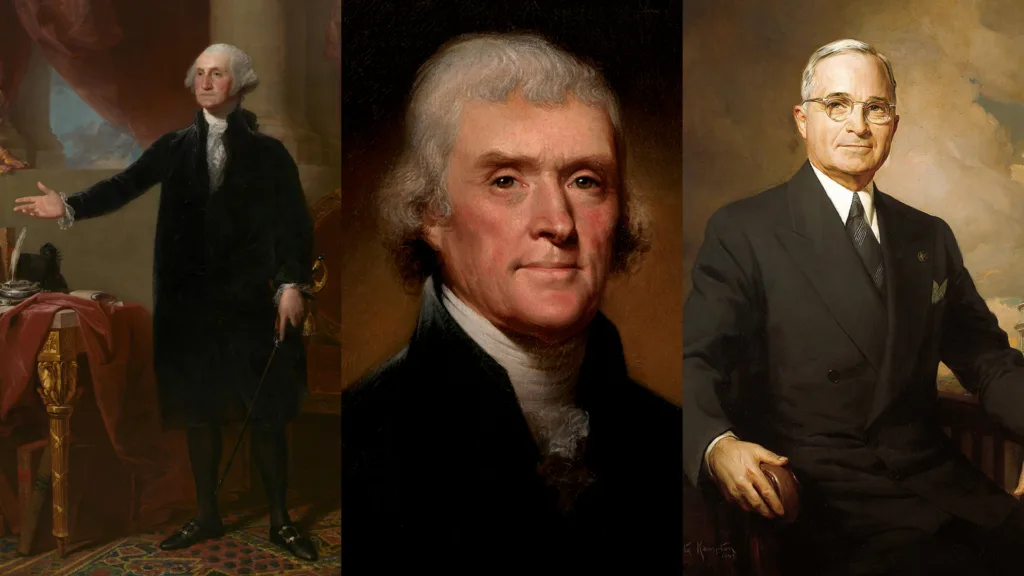 official presidential portraits of Washington, Jefferson, truman